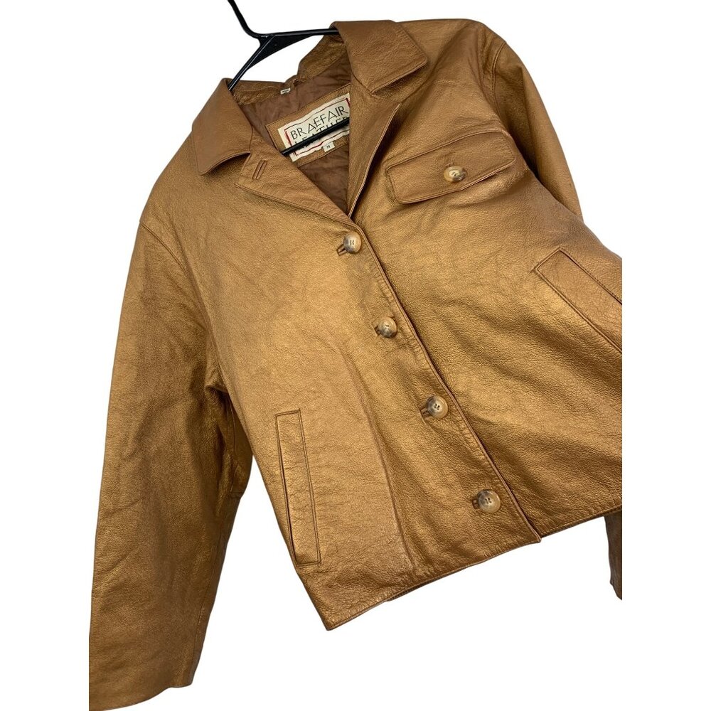 VTG 90s Braefair M Leather Womens Gold Metalic Leather Jacket Crop Boxy 8030